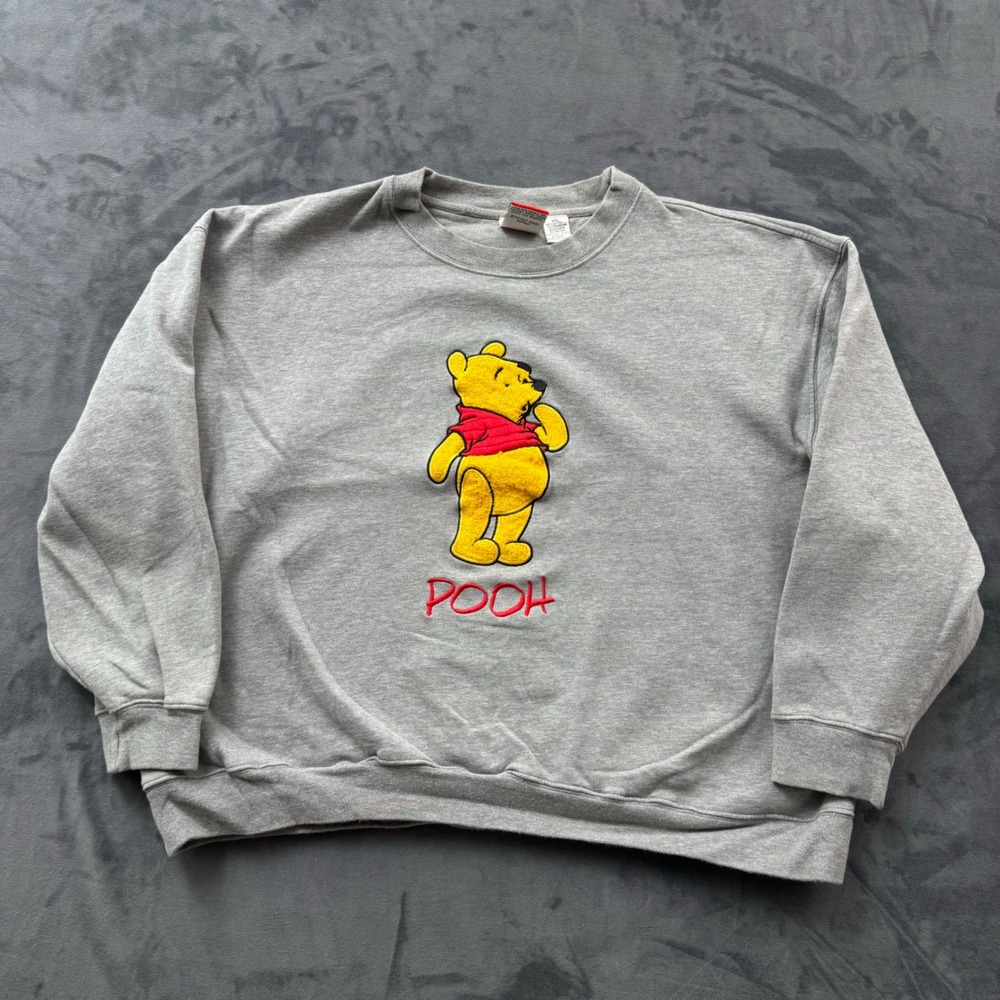 Vintage Disney Mickey Inc Winnie the Pooh Chenille Patch Sweatshirt Grey XXL